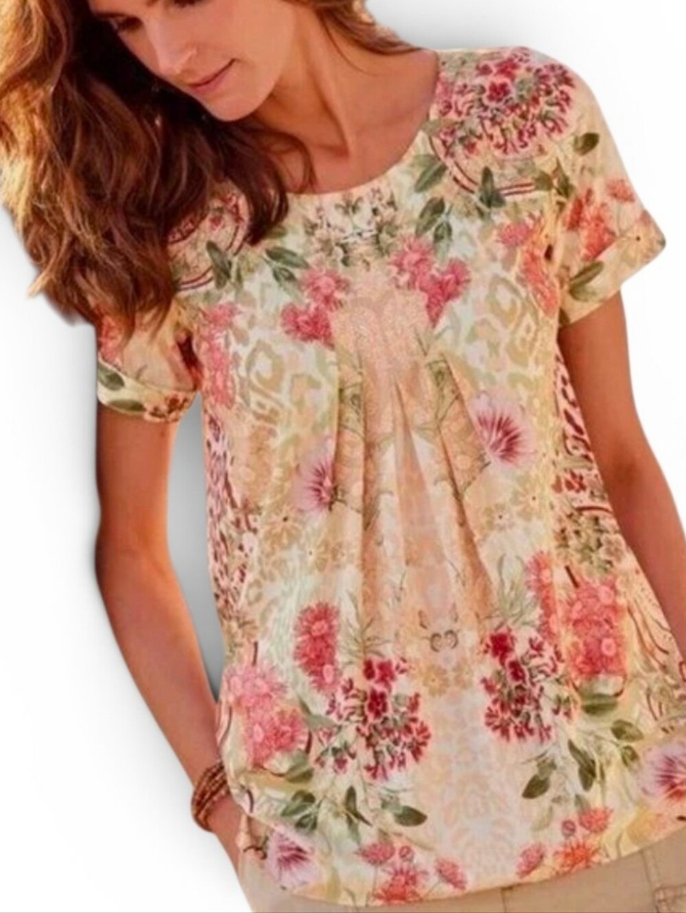 SOFT SURROUNDINGS Cusabo Floral Animal Print Detail Short Sleeve Top - Medium